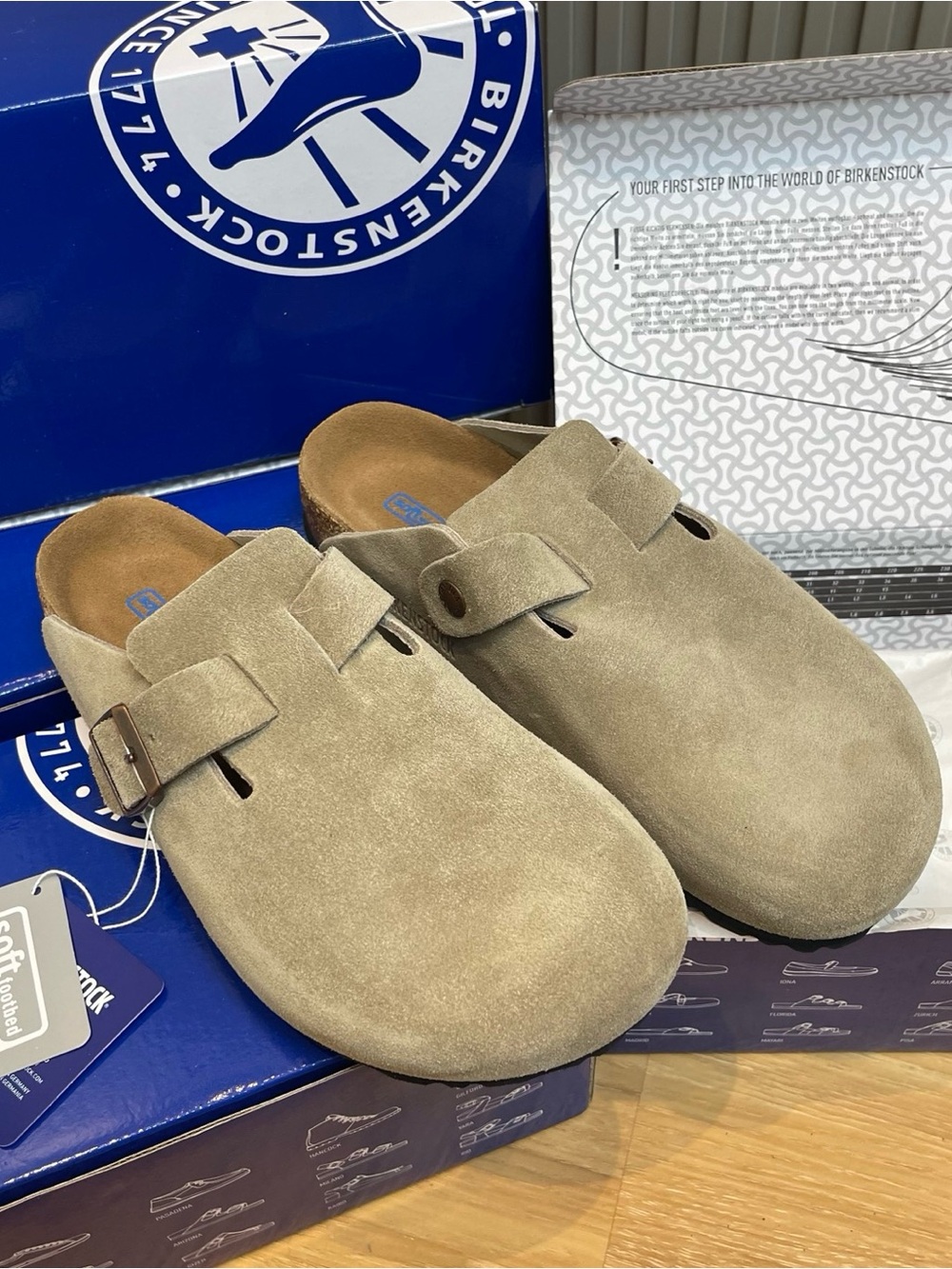 Birkenstock Boston taupe suede mule clogs